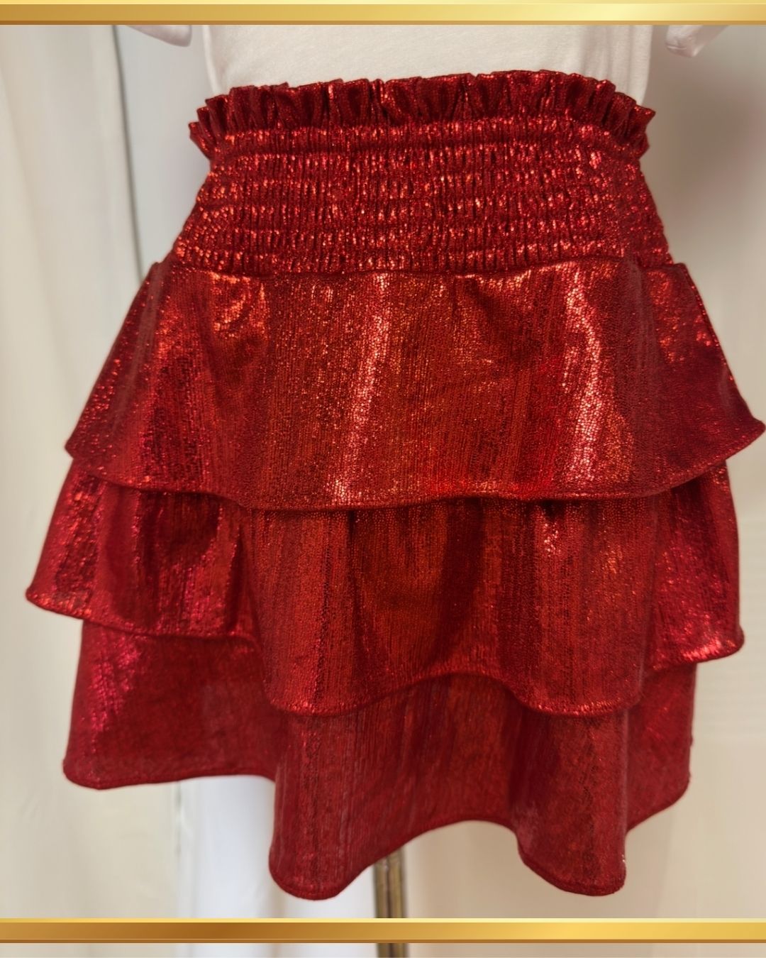 Girls Smocked Ruffle Tiered Metallic Mini Skirt