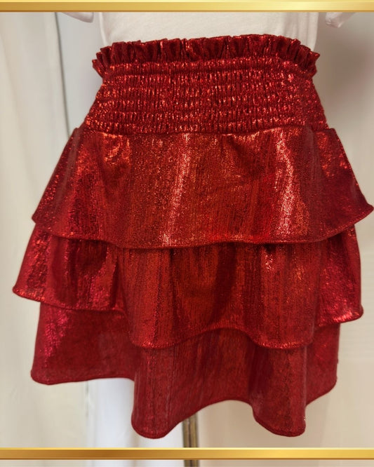 Girls Smocked Ruffle Tiered Metallic Mini Skirt