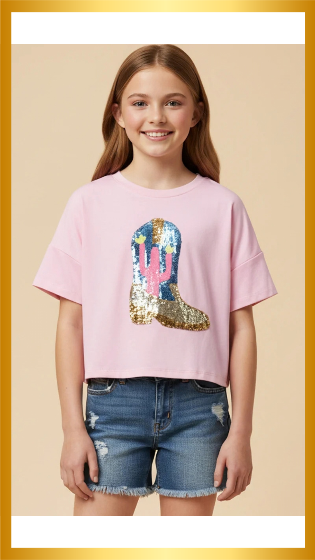 Girls Sequined Cactus Boot Patch Knit T Shirt
