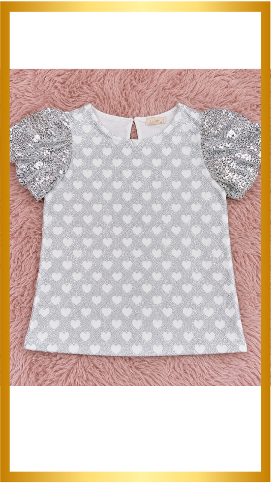 Girls Mixed Sequin Heart Top - Silver