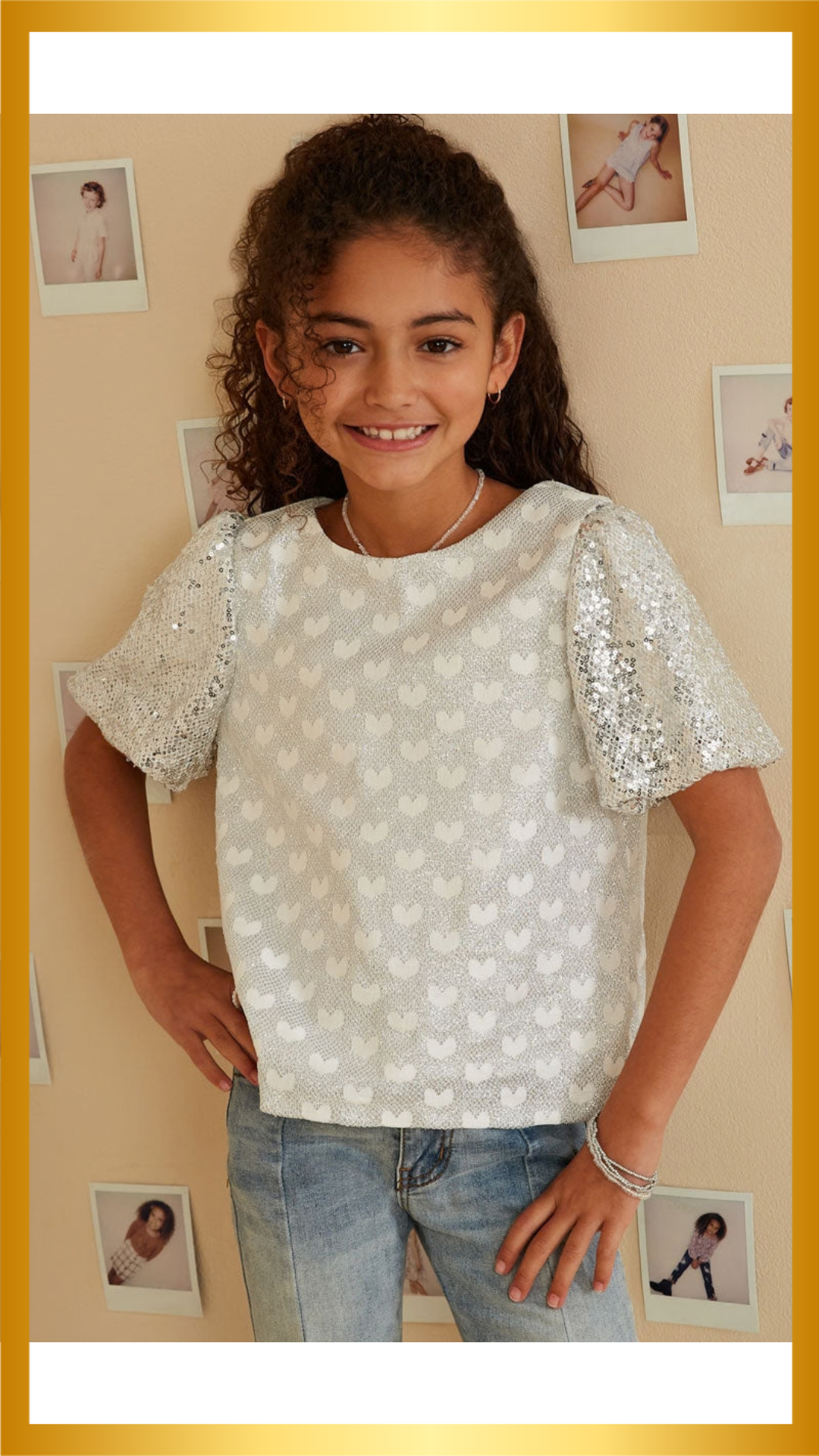 Girls Mixed Sequin Heart Top - Silver